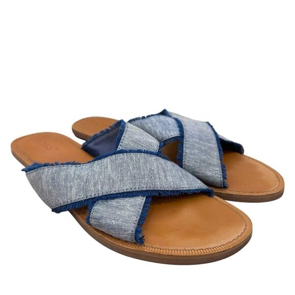 TOMS Viv Blue Slub Chambray Crossover Slide Sandals Size 10 - Picture 2 of 8